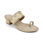 Zelion | Women's Golden Embroidered Ethnic Block Heel Slip-On Sandal - Image 4