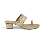 Zelion | Women's Golden Embroidered Ethnic Block Heel Slip-On Sandal - Image 3