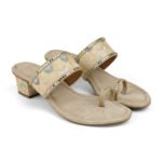 Zelion | Women's Golden Embroidered Ethnic Block Heel Slip-On Sandal - Image 2