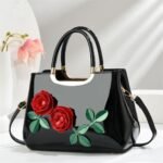 Elegant Glossy PU Leather Handbag with 3D Rose Flower Design - Image 2