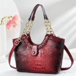 Crocodile Pattern PU Leather Shoulder & Handbag with Gold Chain Handles - Image 2
