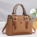 Elegant PU Leather Handbag with Scarf Handle & Buckle Design - Image 2
