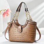 Crocodile Pattern PU Leather Shoulder & Handbag with Gold Chain Handles - Image 3
