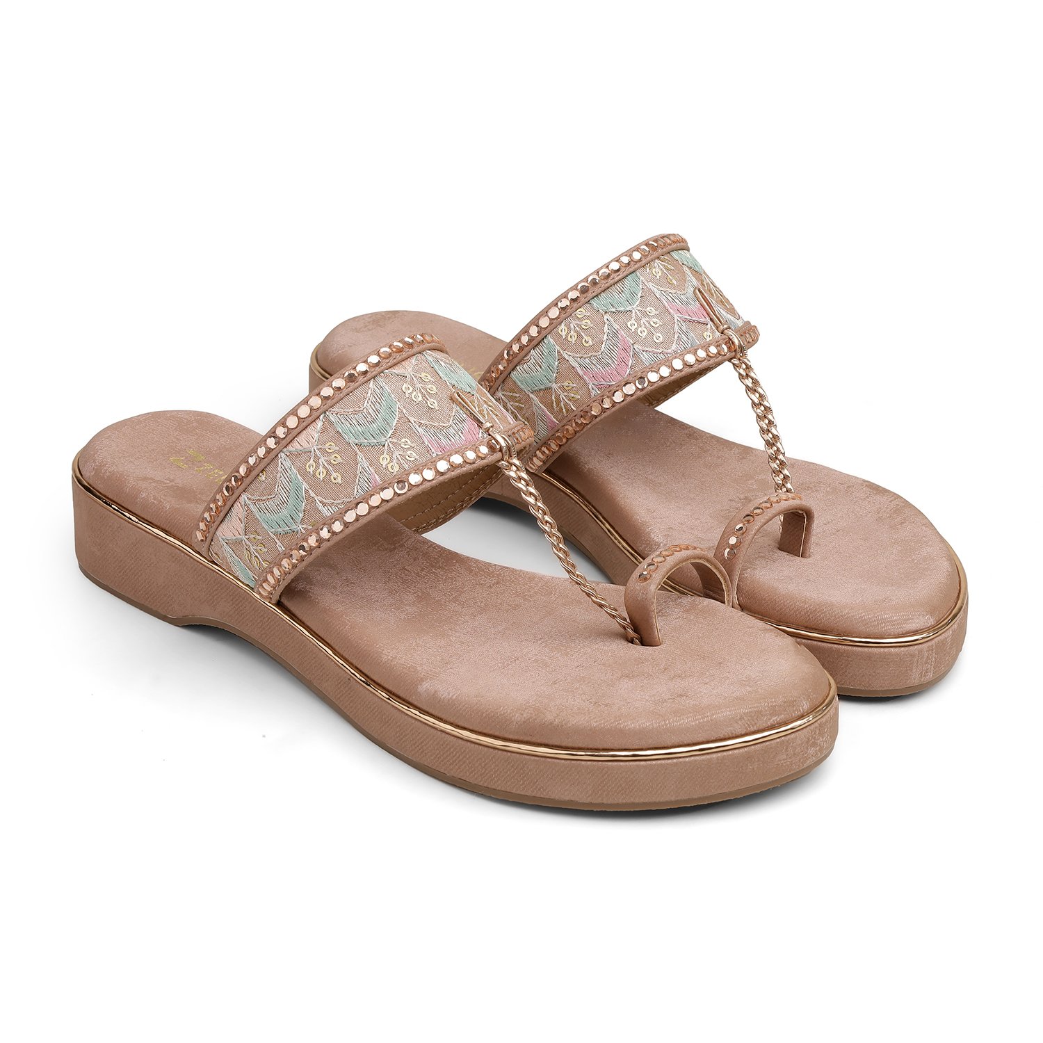 IMG_2483-1.jpg Zelion | Women Beige Ethnic Kolhapuri Wedges with Embroidery - Image 1